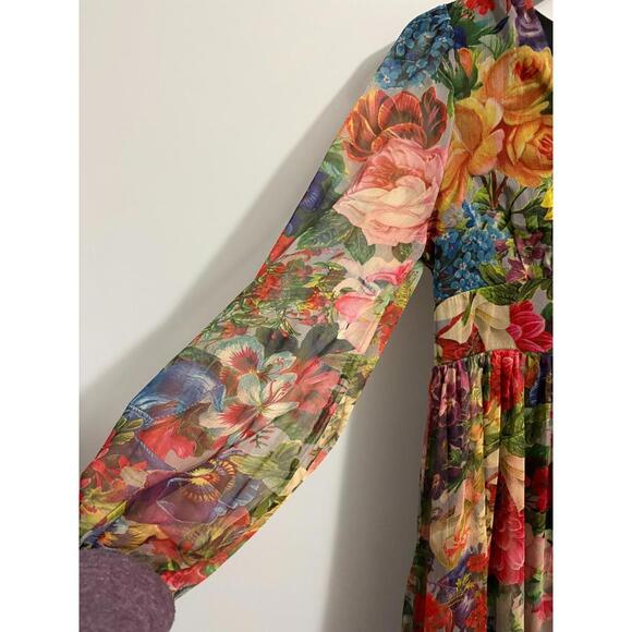 Toleen Dress Womens Medium Floral Babydoll Ruffles Boho Peasant Maxi Sheer L/S - Picture 3 of 9